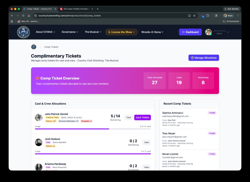 Comp ticket redemption dashboard
