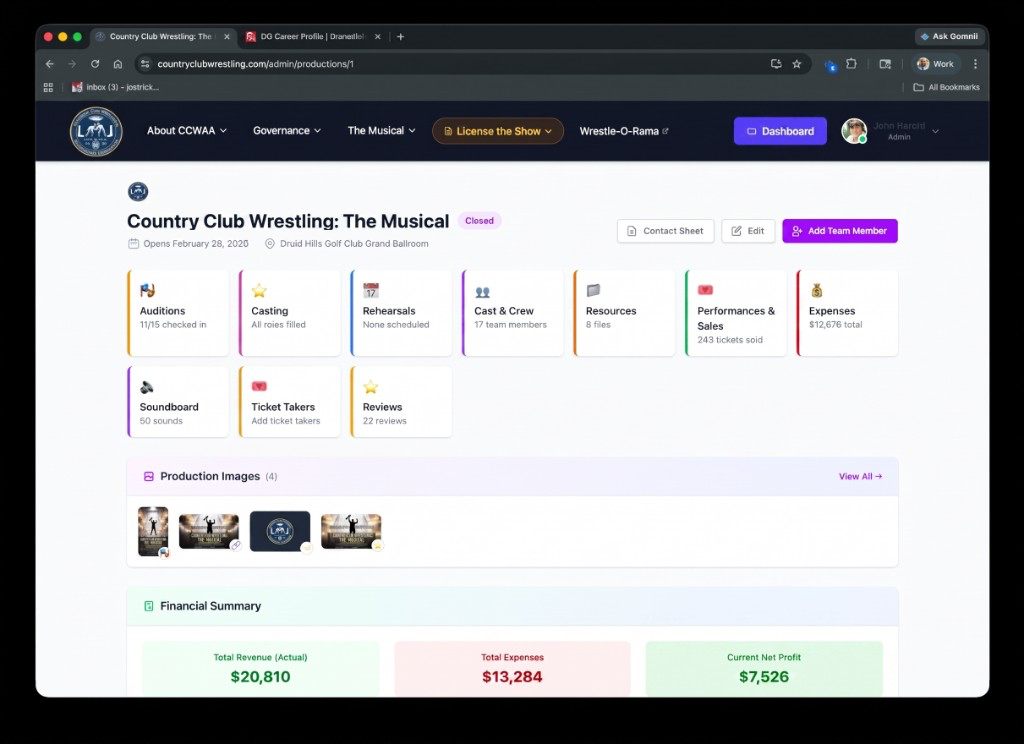 Country Club Wrestling production dashboard